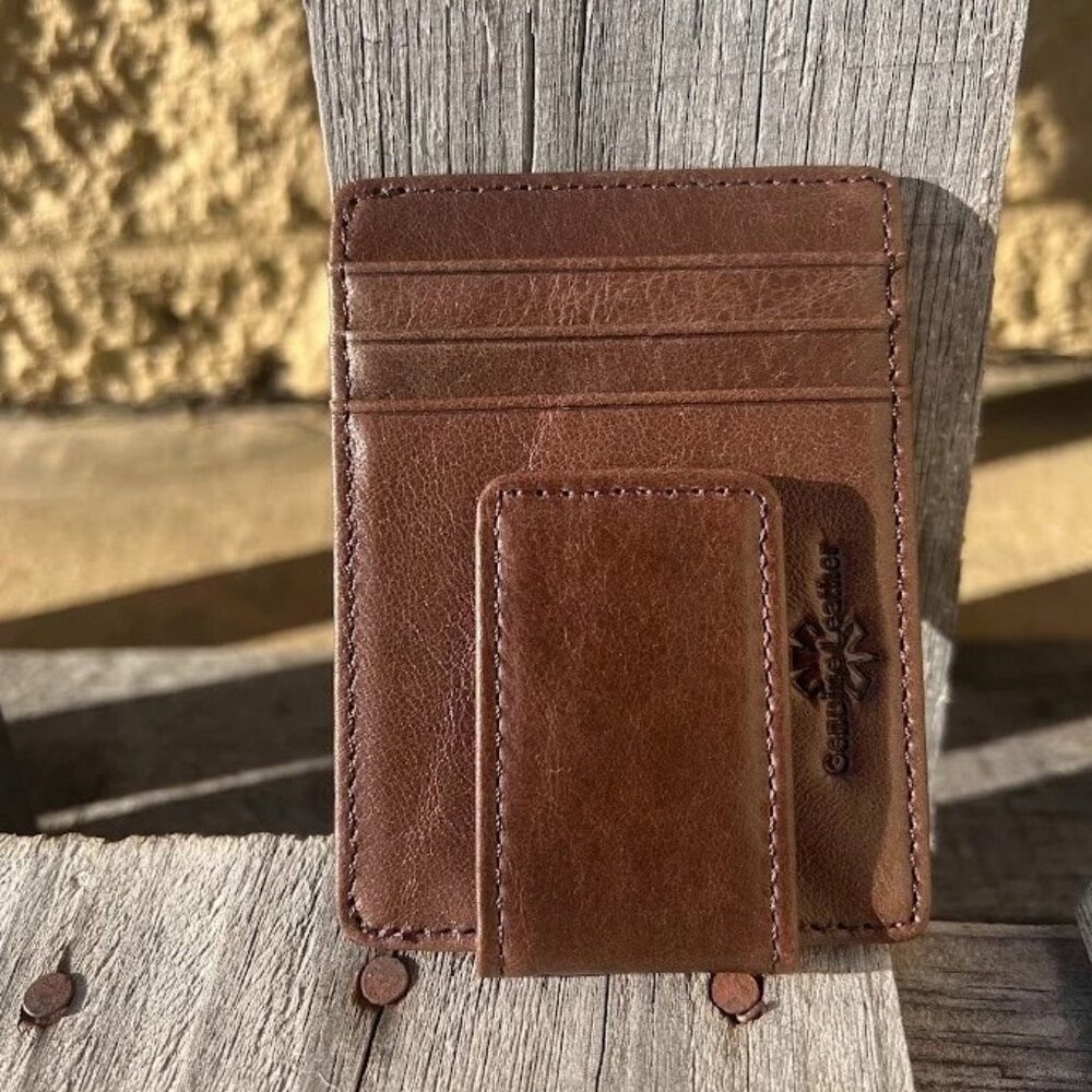Full Grain Leather Money Clip Front Pocket Wallet with ID Slot
